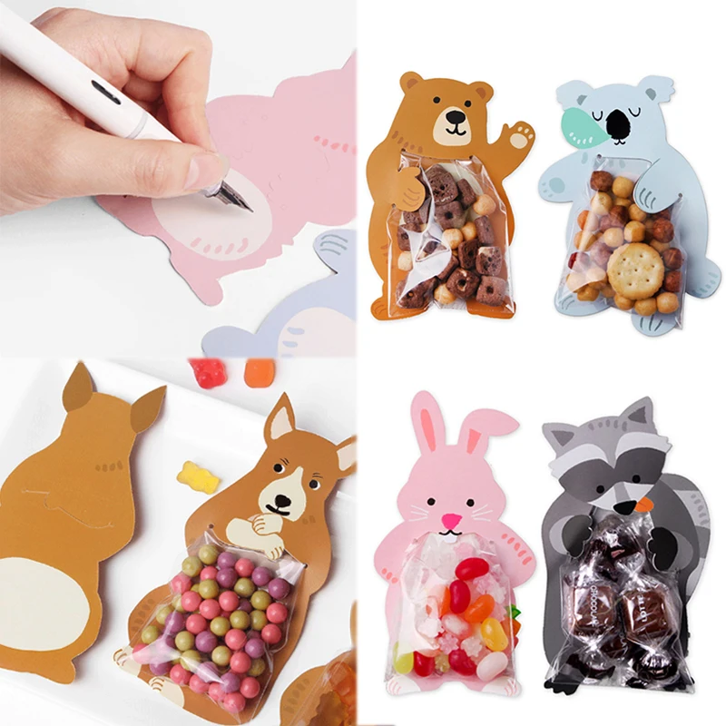 10pcs/lot Candy Box Bear Greeting Cards Birthday Party Animal Popular Baby Shower Rabbit Gift Bags Candy Bags Cute Cookie Bags