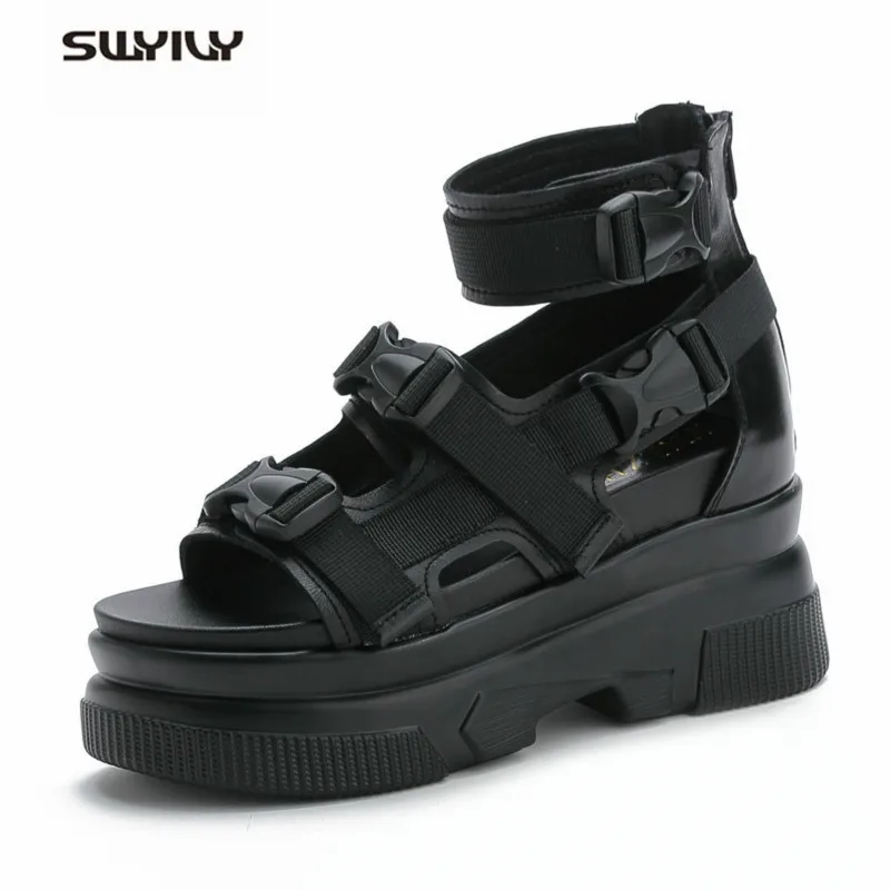 SWYIVY Summer White Shoes Sandals Woman Genuine Leather Wedge Shoes Platform Sandals Ankle Belt 2019 Chunky Sandal For Woman SWYIVY Summer White Shoes Sandals Woman Genuine Leather Wedge Shoes Platform Sandals Ankle Belt 2019 Chunky Sandal For Woman