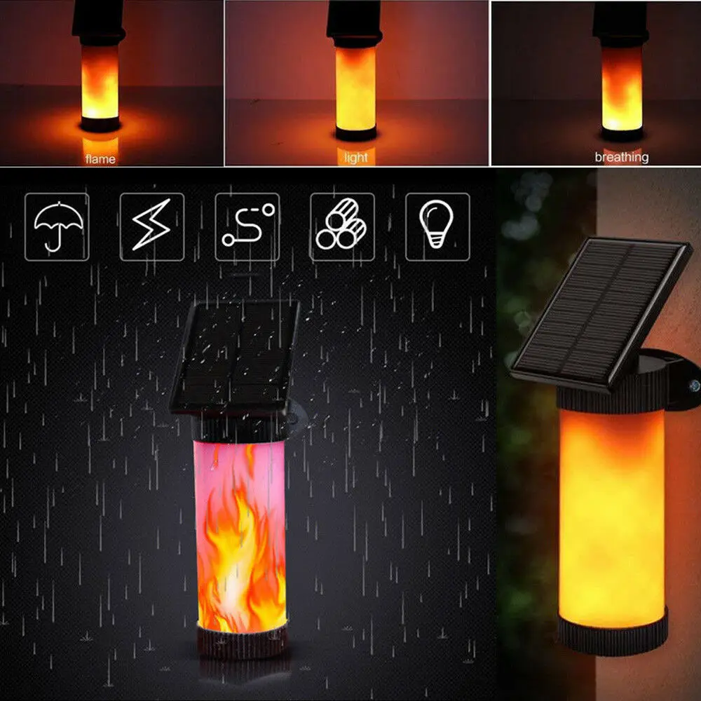 Outdoor LED Solar Path Torch Dancing Flame Light Flickering Garden Wall Lamp 