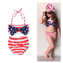 Купальный костюм из 2 предметов, комплект для детей, полосатые пляжные купальники с бантом на шее, купальники для купания для девочек