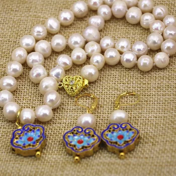 

Fashion natural 9-10mm white freshwater pearl beads necklace earring gold-color cloisonne charms women jewelry set 18inch B3113