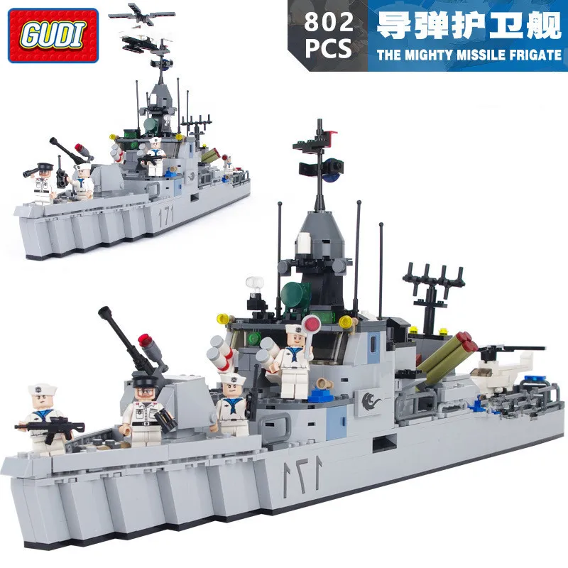

GUDI Military Building Blocks Army Battleship Boat Helicopter Toy Model The Mighty Missile Frigate Toys For Children