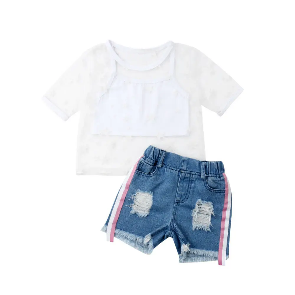

Hot Toddler Kids Baby Girl 2Pcs Sets Mesh Sheer Short Sleeve Start O-Neck Tulle Vest Tops T-Shirt Denim Shorts Outfits Sunsuit