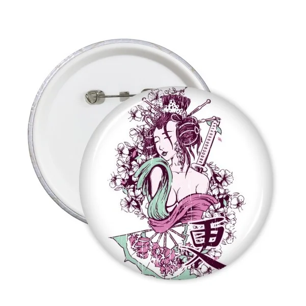 

Japan Japanese Sumi-e Sexy Geisha Kimono Fan Sakura Samurai Sword Girl Round Pins Badge Button Clothing Decoration 5pcs