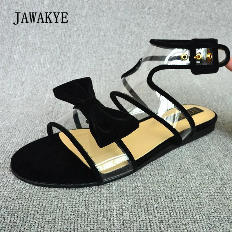 

Luxury Velvet Bowknot Gladiator Sandals Women Open Toe Ankle Strappy Pvc Patchwork Transparent Shoes Woman