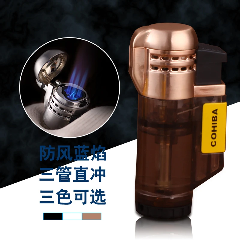 

COHIBA Gadgets Windproof 3 Torch Jet Flame Butane Gas Lighter Transparent Plastic Cigar Lighter with Gift Box