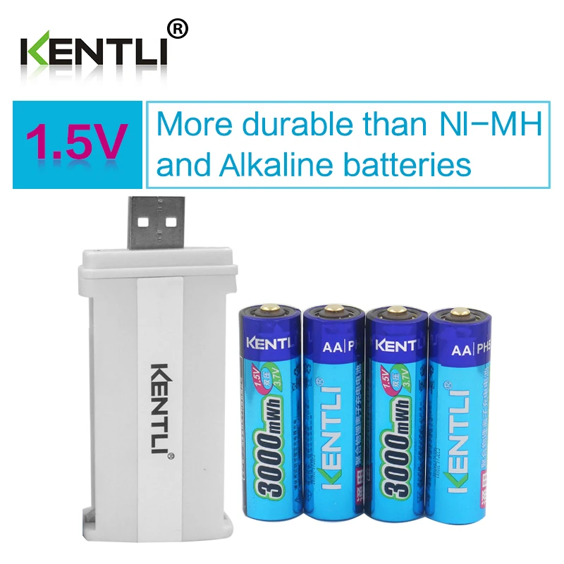 Billige KENTLI 4 stücke geringe selbstentladung 1,5 v 3000mWh AA wiederaufladbare Li polymer li ion polymer lithium batterie + 1 USB smart Ladegerät
