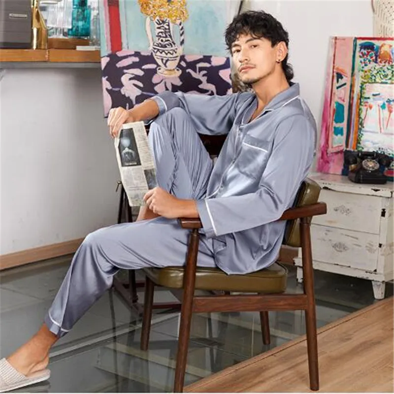 

Men's Solid Silk Pajama Set Smooth aristocracy Men Pajamas Silk Sleepwear Men Sexy Modern Style Soft Cozy Satin Nightgown Men Su