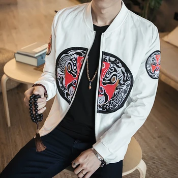 

Casual Long Sleeve Stand Collar Bomber Jacket 2019 Spring Autumn Man Jacket Loose Coat Dragon Pattern Brand New Embroidery Mens