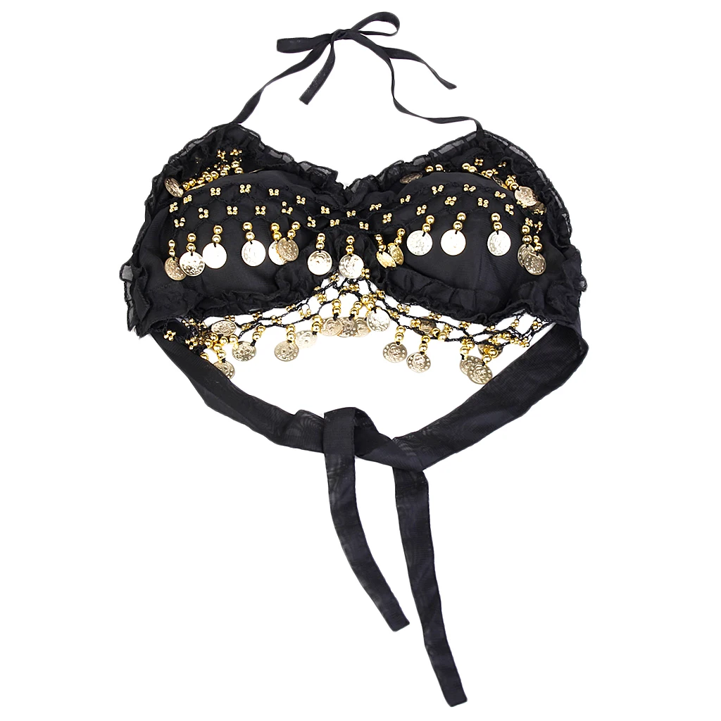 Fashionable Folded Lace Adorned Padded Back Lace Up Style Halter Bra Top Belly Dance Bra Top Costume Black
