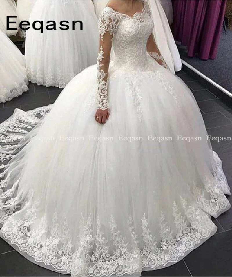 

2019 Ball Gown Wedding Dresses Illusion Long Sleeves Lace Applique Floor Length Arabic Gown Bridal Dress Vestido de Noiva