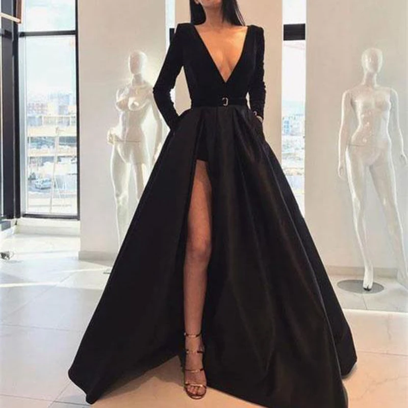 Сексуальные черные вечерние платья с глубоким v-образным вырезом и разрезом, новинка, платье трапециевидной формы с длинным рукавом в пол, атласное вечернее платье для женщин, платье для выпускного вечера