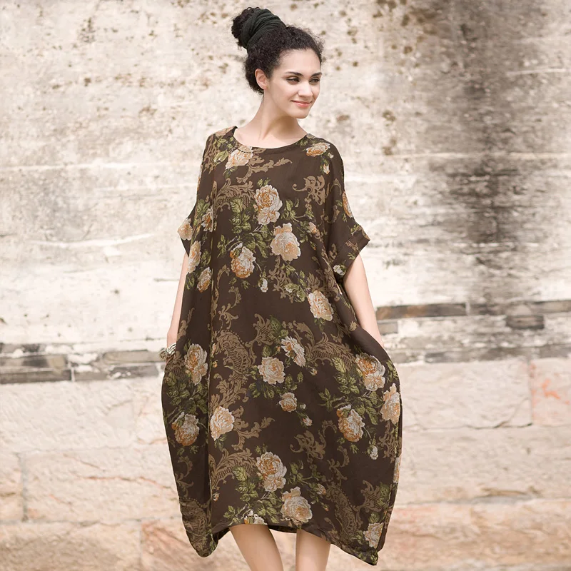 Женское винтажное платье в национальном стиле с принтом из одного предмета, свободное платье средней длины, большие размеры, платье, размеры s, m, l, xl - Цвет: coffee
