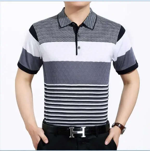Стиль досуга Мужская Летняя контрастная цветная полосатая рубашка поло с коротким рукавом - Цвет: Серый