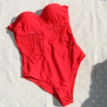 Сексуальный винтажный сетчатый купальник-бандо, черный, красный, брендовый Цельный купальник на косточках, милый женский купальник, новейший купальный костюм, Одноцветный купальник