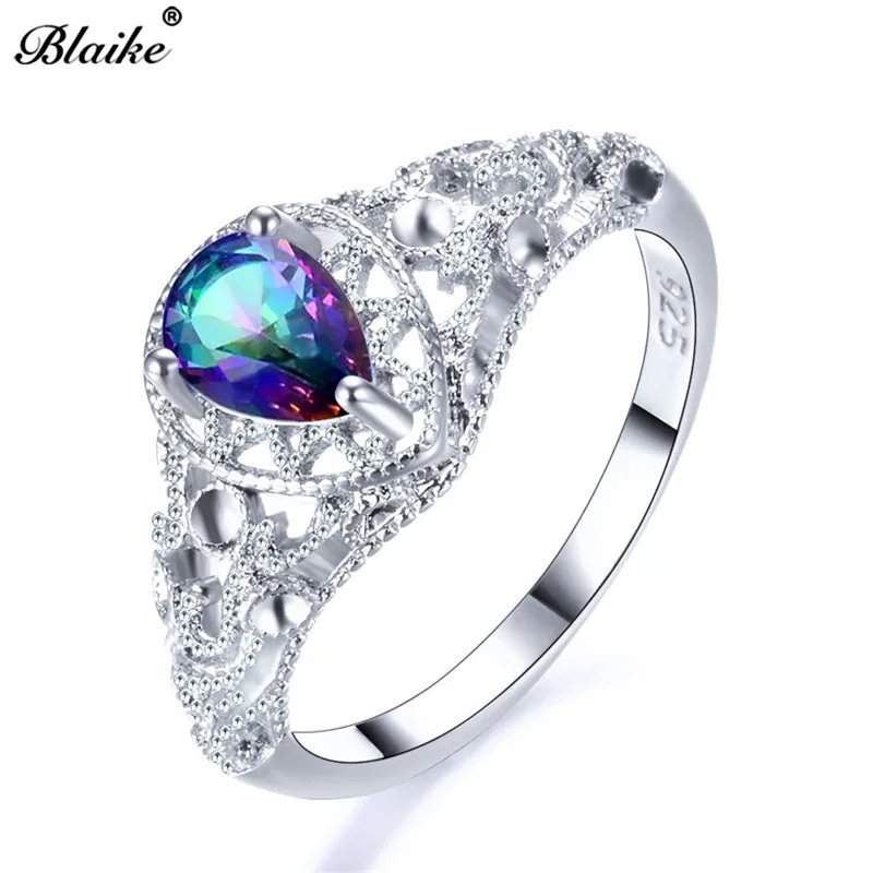 

Blaike Mystic Fire Rainbow Topaz Rings For Women 925 Sterling Silver Water Drop Birthstone Ring Engagement Wedding Jewelry Gifts