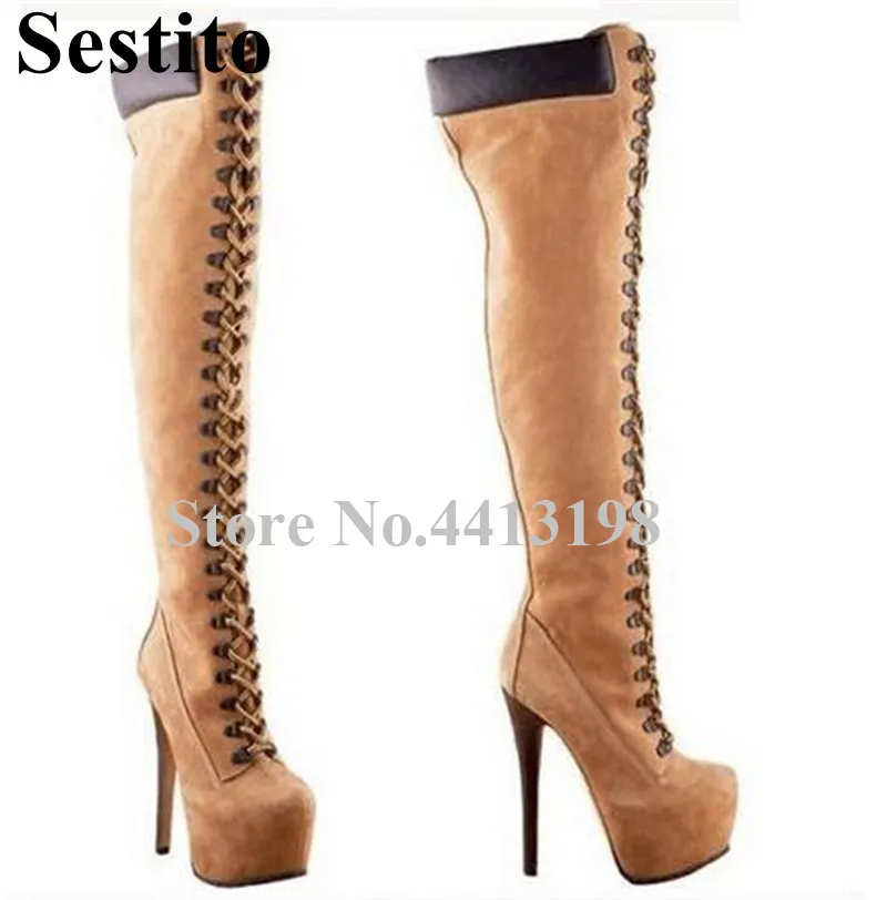 

European Women Solid Round Toe Side Over-the-Knee Boots Fashion Cross-tied high Platform Super High Thin Heels Ladies Shoes