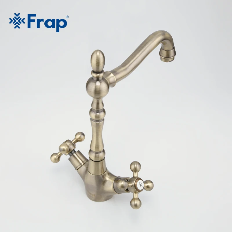 Billig Frap Küche Armaturen Antike Messing Waschbecken Wasserhahn Auslauf Doppel Kreuz Griff 360 Grad Swivel Bad Becken Mischbatterie F4019 4