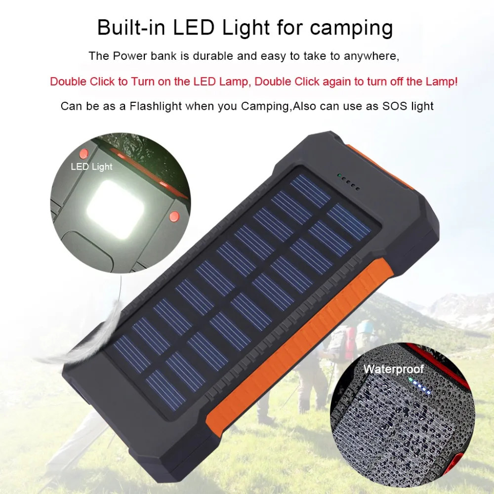 Universal 10000mAh Solar PowerBank Double USB Portable Solar Charger Battery Phone Power Bank With SOS LED Light Compass