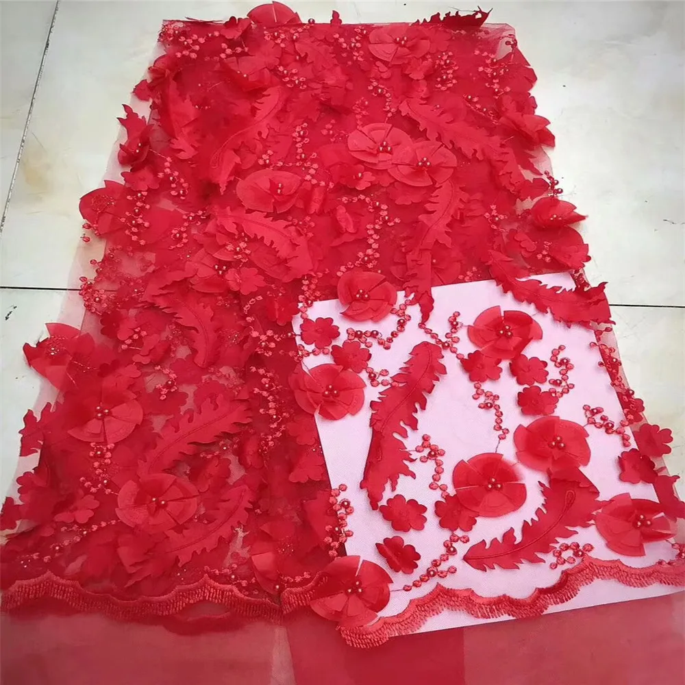 

Red 3D Lace Fabric 2018 High Quality Lace 3D Embroidered French Beaded Tulle Lace Hot Sale French African Lace Fabric HJ555-2