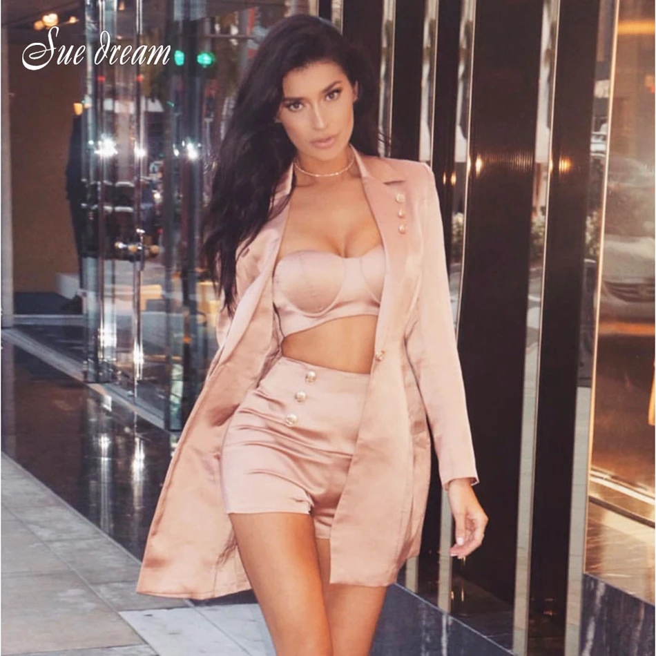 

2018 New Pink Women 3 Pieces Sets coat & Short Jacket Sexy Single Button Celebrity Party Women Set Clubw wholesale vestidos