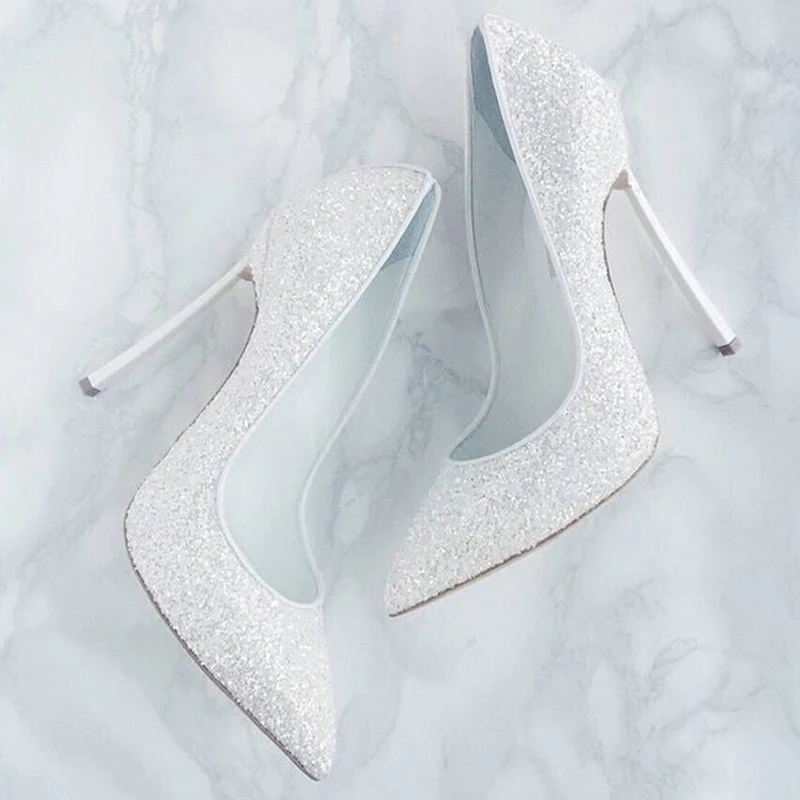 

2019 Newest Women High Heel Shoes White Crystal Sequins Pointed Toe Metal Heels Pumps Sexy Shallow Party Shoes Free Ship