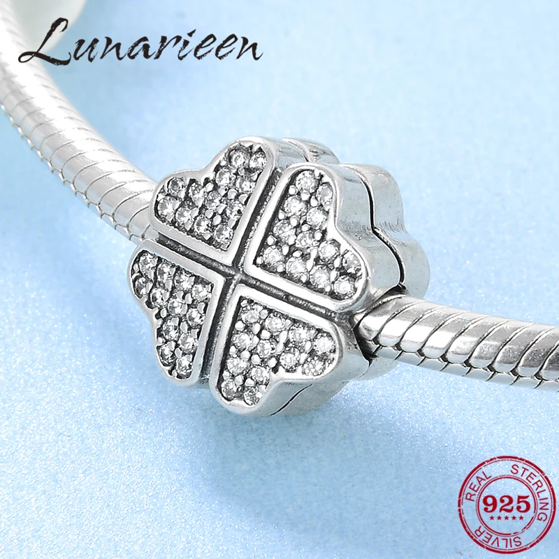 

New 925 Sterling Silver heart Charms Four Clover with CZ Safety Stopper Clips DIY Beads Fit Original Pandora Bracelet Jewelry