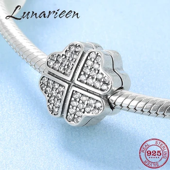

New 925 Sterling Silver heart Charms Four Clover with CZ Safety Stopper Clips DIY Beads Fit Original europeu Bracelet Jewelry