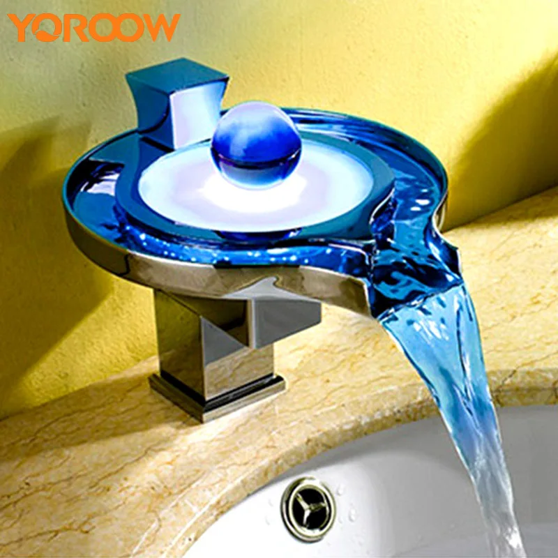 

Temperature Sensor Led Faucet Basin Waterfall Bathroom Taps Thermostatic Color Deck Mounted Mixer Finish Silver AWN0002