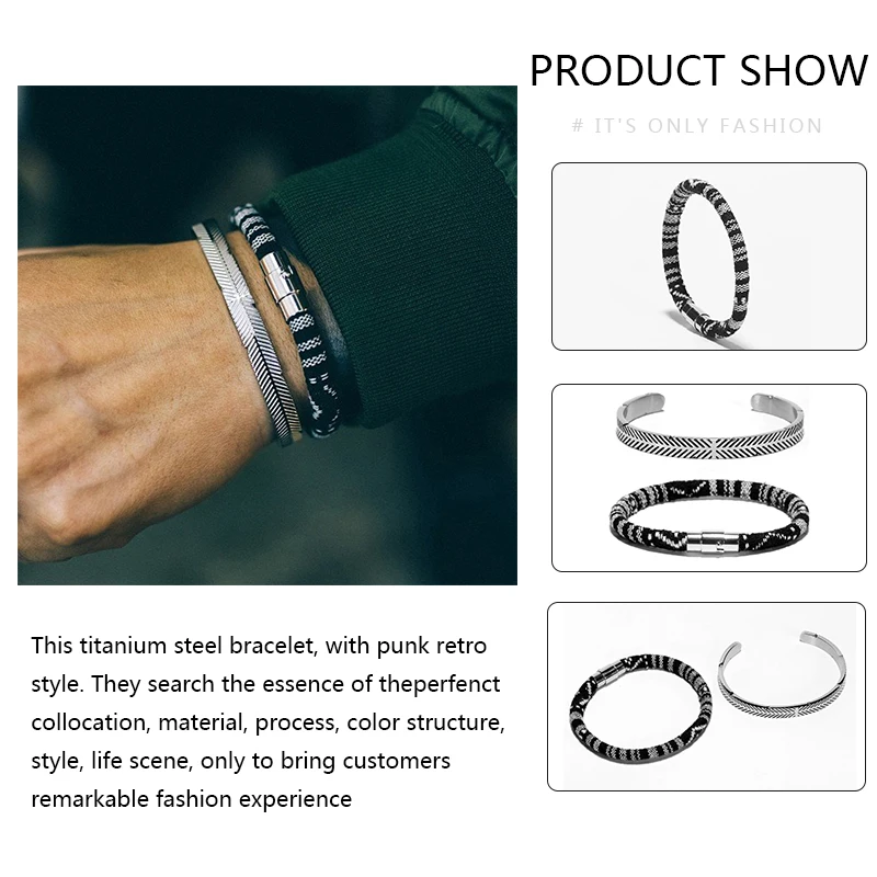 Mcllroy Super Flash Opening Bangles Charm Stripe Arm Cuff Bracelets Men Famous Brand Punk Bracelet Retro Titanium Silver Men