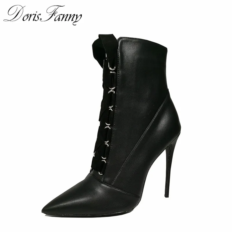 DorisFanny/Модные женские ботильоны на шнуровке; черные женские ботинки на высоком каблуке; зимняя обувь; коллекция года; женская обувь;