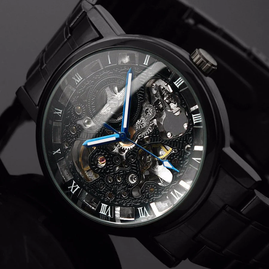 Модные мужские каркасные часы с автоматическим подзаводом водонепроницаемые спортивные часы из нержавеющей стали прозрачные механические часы с открытым механизмом мужские