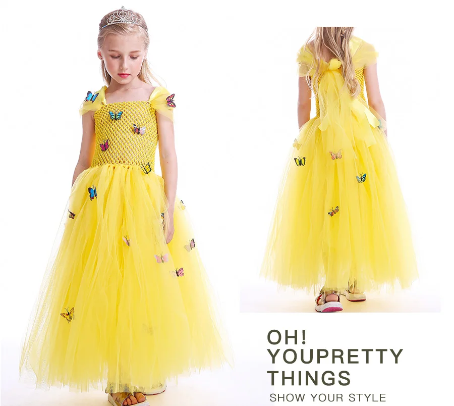 Princess Belle Girls Tutu Dress Beauty and The Beast Yellow Belle Cosplay Ball Gown Kids Party Carnival Halloween Costumes (8)