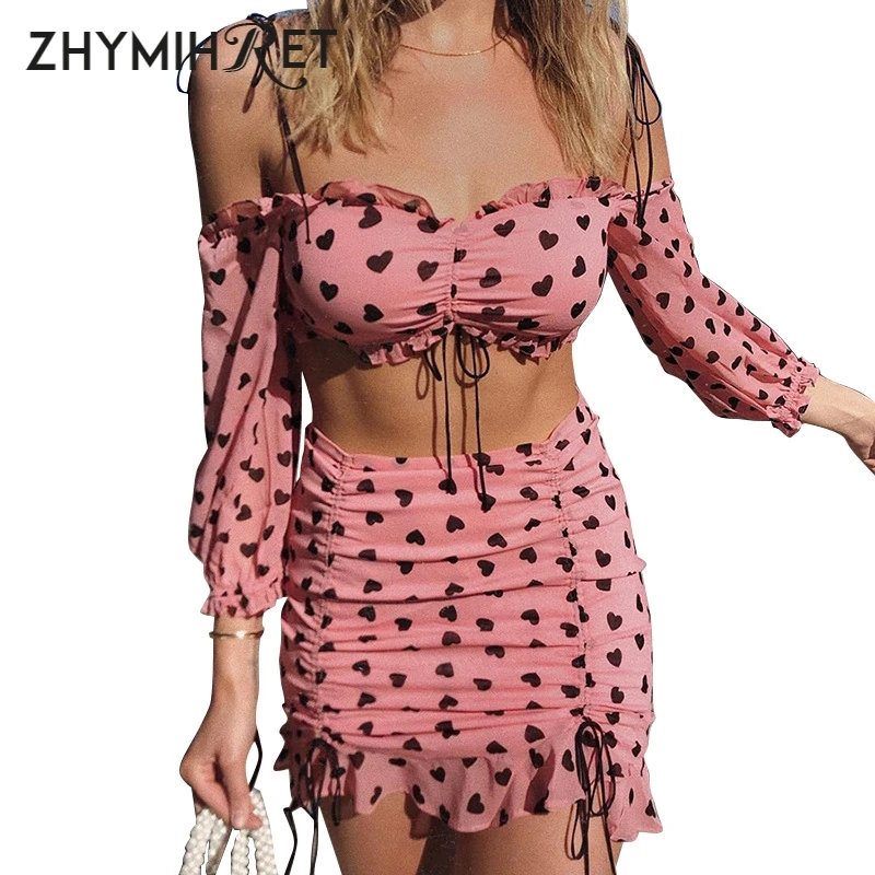 

ZHYMIHRET Slash Neck Ruched Two Pieces Set Dress Women Palk Dot Long Lantern Sleeve Chiffon Summer Vestidos Beach Wear 2019