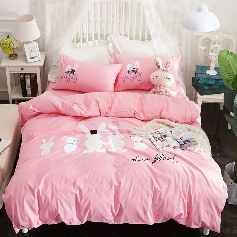 

Papa&Mima rabbits Applique Embroidery Cartoon style bedding set Twin Queen size Cotton duvet cover flatsheet pillowcase sets
