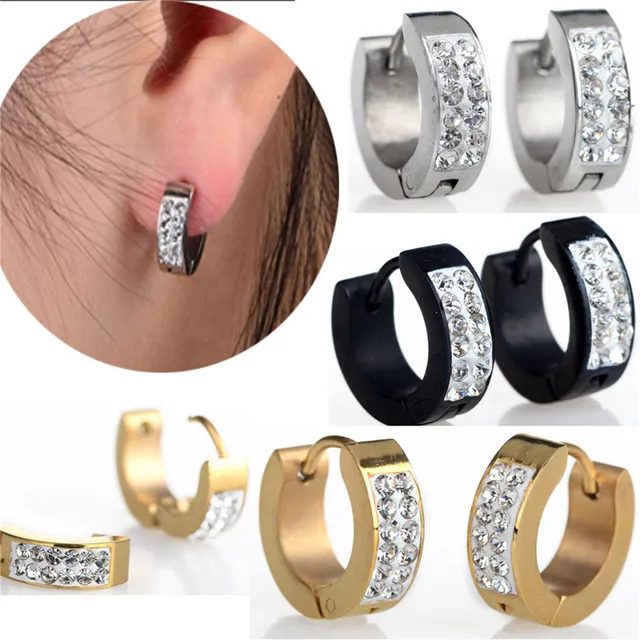 1pair Punk Stainless Steel Crystal Earrings Hoop Huggie Ear New 1pair Punk Stainless Steel Crystal Earrings Hoop Huggie Ear New Mens Women
