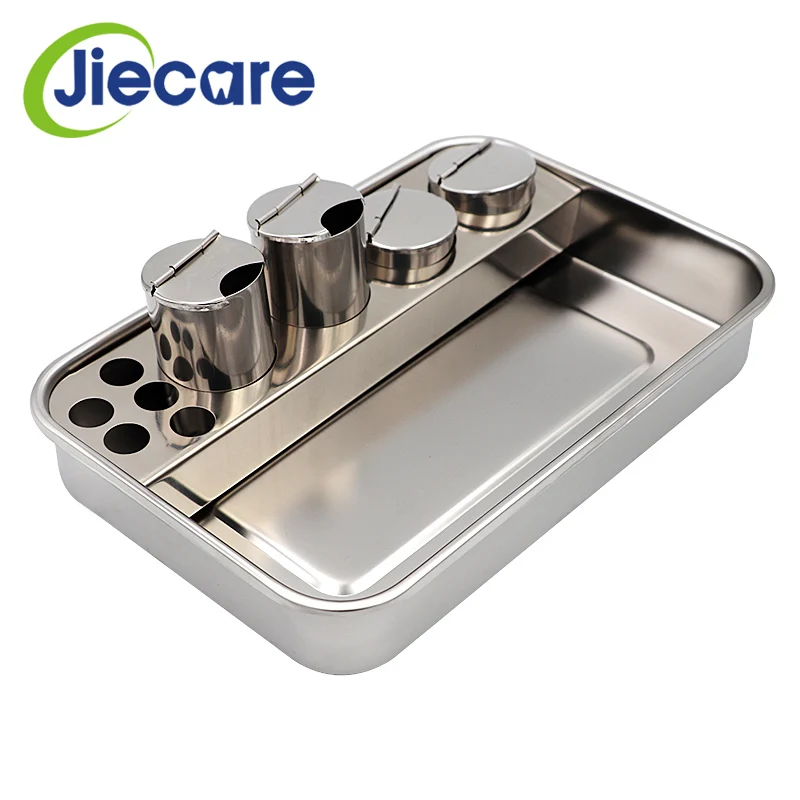 1 Set Stainless Steel Dental Dressing Plate Instruments Storage Box With 4 Bottles For Dentist