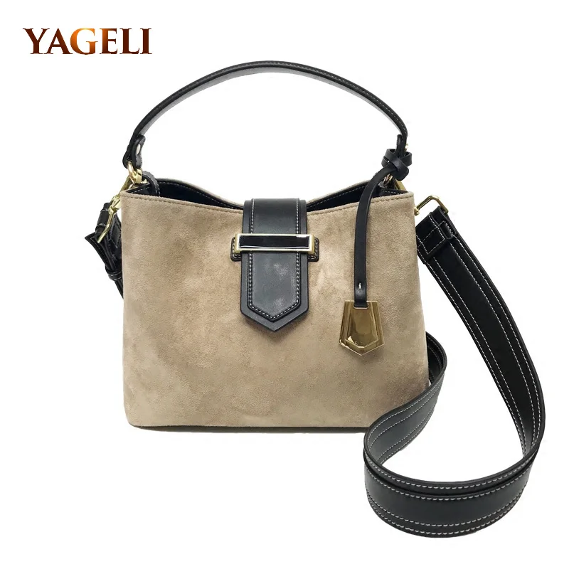 

YAGELI BRAND suede women's shoulder bags with wide strap fashion women handbag brand design ladies bucket ladies hand bag