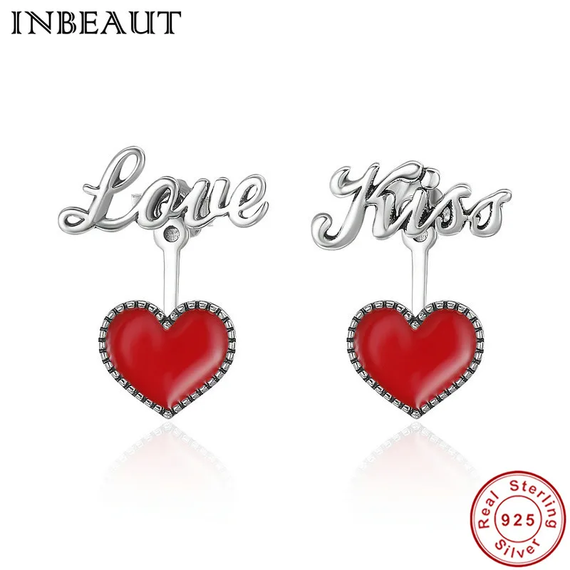 

INBEAUT 100% 925 Sterling Silver Red Heart Enamel Stud Earrings for Women Cute Small Elegant Love Letters Wedding Earrings Gift