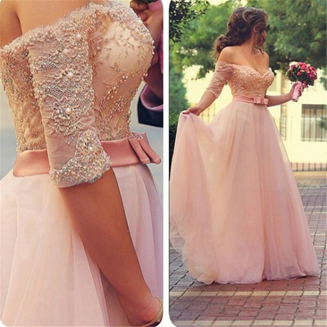 Special Price Off the Shoulder Sweetheart Half Sleeve Beaded/Pearls Pink lace 2018 Custom made Tulle Party prom Gown bridesmaid dresses Special Price Off the Shoulder Sweetheart Half Sleeve Beaded/Pearls Pink lace 2018 Custom made Tulle Party prom Gown bridesmaid dresses