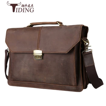 

Crazy Horse leather men's briefcase laptop bags 14" Men Vintage Genuine Leather brown Handbags brand men shoulder crossbody bags