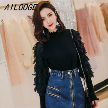 

AILOOGE Ruffled Collar Knitted Women Sweater Spring Autumn Loose Jumper Fashion Flowers Sleeves Sweater and Pullover Femme Pull