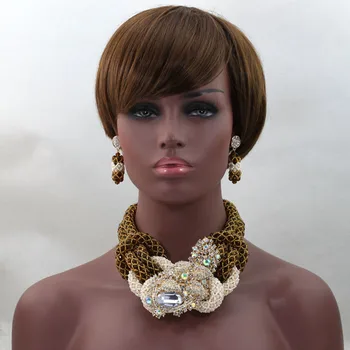 

Brown African Costume Jewelry Set Nigerian Wedding African Beads Jewelry White Plated Bridal Necklace Set Free Shipping HX477