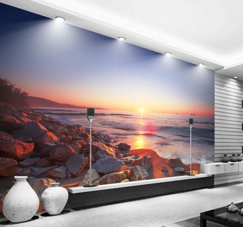 Современные 3D фото обои s красивый вид на море закат пляж камень фон Стена гостиная спальня ТВ диван фрески на стену бумага