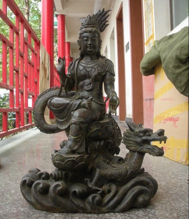 

25"Tibet Fane old Bronze Ride Huge Dragon Kwan-Yin Bodhisattva Buddha statue