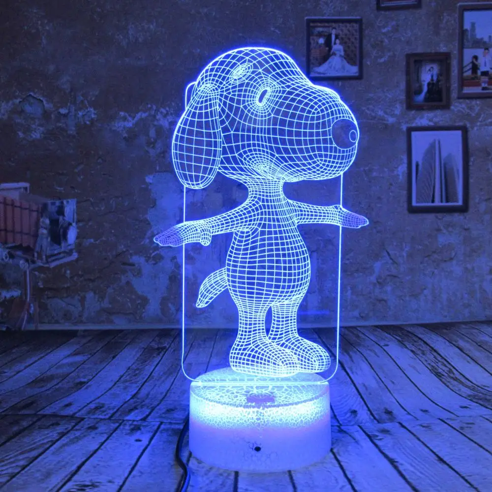 Snoopy, 3D лампа, Ночной светильник, сенсорные настольные лампы, 7 цветов, меняющий светильник s с акриловым плоским и ABS основанием и зарядным устройством USB