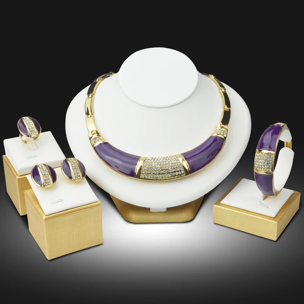 

Nigerian Wedding African Beads Jewelry Set Purple Choker Necklace Crystal Bangle Earrings Ring 4PCs Sets Ethiopian Gold Color