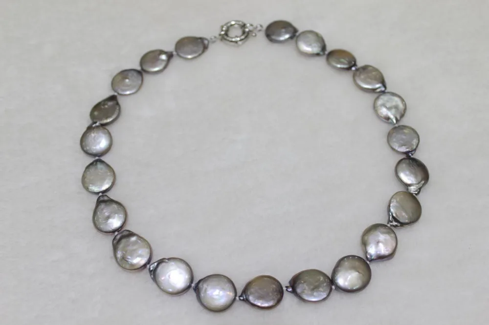 

FREE shipping>>> >>> Coin shape freshwater pearl necklace superficial gray 14-15mm 17INCH 6.07