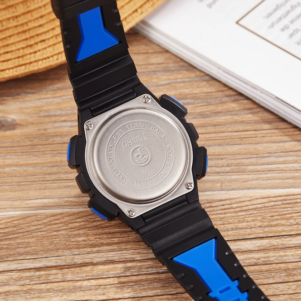 2017 Ohsen цифровой бренд lcd Дети Мальчики синий Мода наручные часы резиновый ремешок 50 м водонепроницаемые детские часы для мальчика будильник