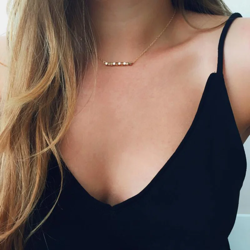 

Simple Fashion Gold Long Chain Choker Necklace Small Cubes Beaded Pendant Jewelry Necklace For Women collar collier ras du cou